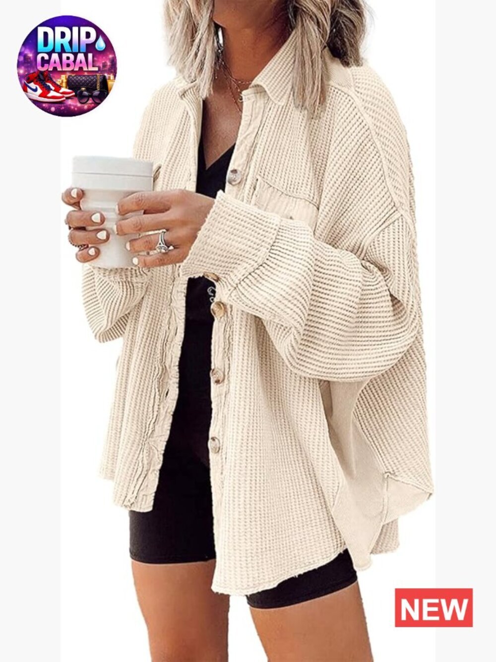 Oversized Waffle Knit Shacket Lightweight Button Down Jacket